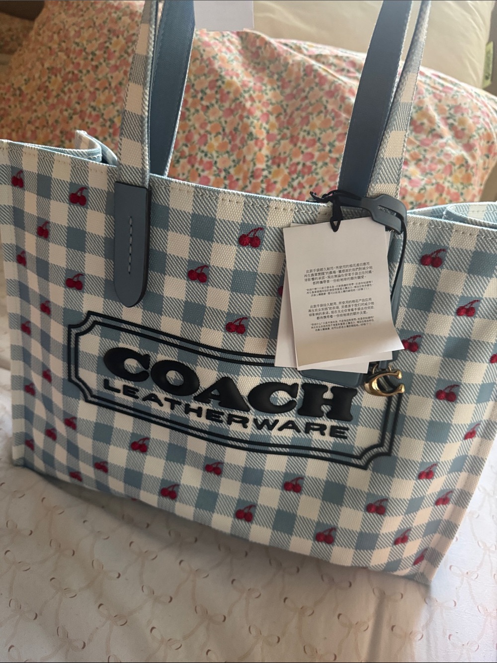 Coach Blue & White Gingham Tote with Red Cherry Accents BRAND NEW NEVER USED - Picture 3 of 16